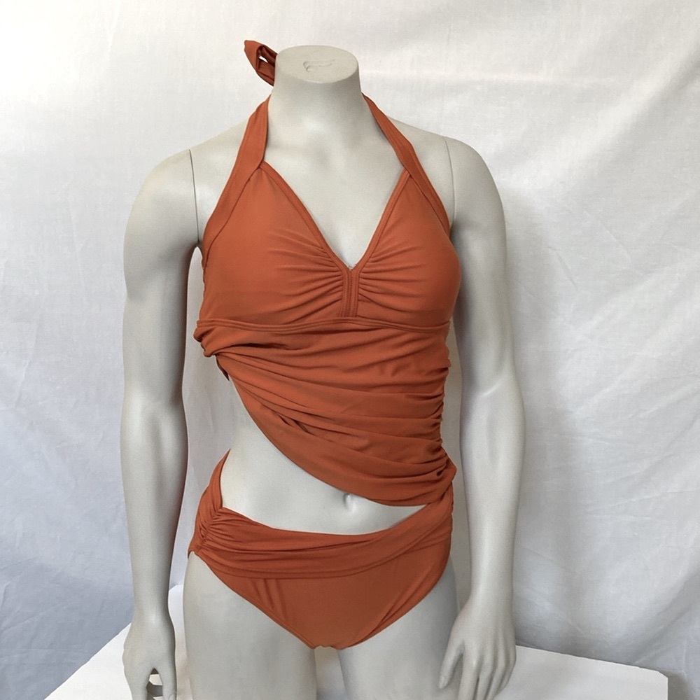 Burnt Orange Halter Swimsuit Tankini Top & Mid Rise Bikini Bottom Size Medium - Picture 6 of 7